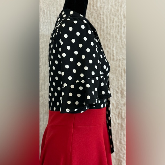 Ranphee- Retro, Polka dot black and white dress with red skirt. Ruffle Sleeve. - Picture 3 of 9